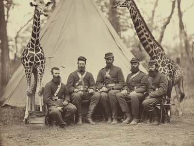 Civil War Soldiers with Elephant and Giraffe