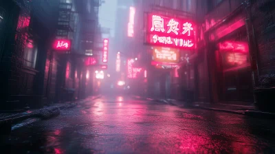 Surreal City Street with Glowing Neon Lights