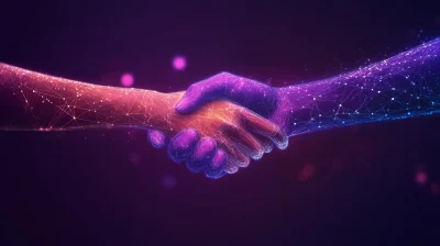 Digital Handshake in Purple Background