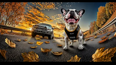 Smiling Frenchie Bulldog on Autumn Road