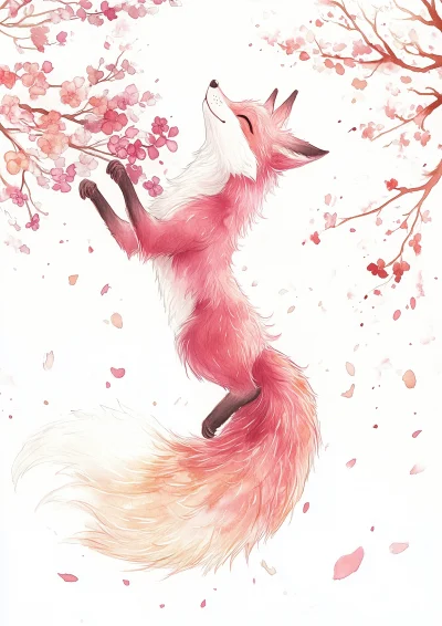 Jumping Pink Fox with Plum Blossoms