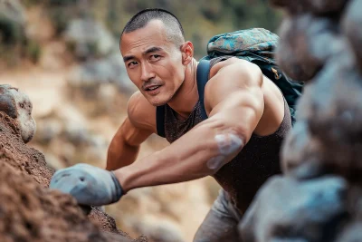 Asian Man Climbing Outdoors