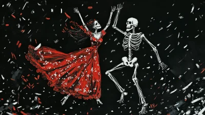 Elegant Witch and Skeleton Dancing at Halloween Party