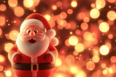 3D Cartoon Santa Claus on Blurred Bokeh Background