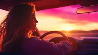 Woman driving off in sunset