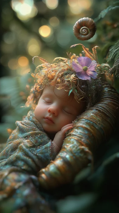 Enchanted Sleeping Baby on Fern Branch