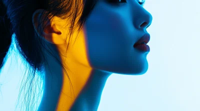 Asian Woman Portrait in Blue and Yellow