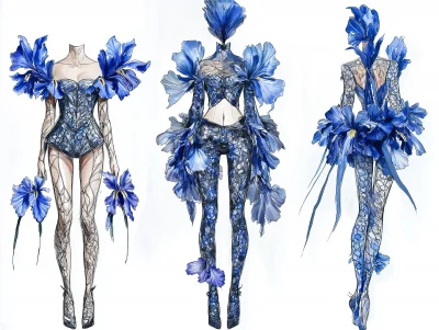 Fashion Design Sketches with Blue Flowers