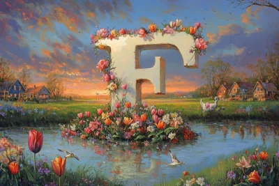 Floral Letter F in Oil Painting Style