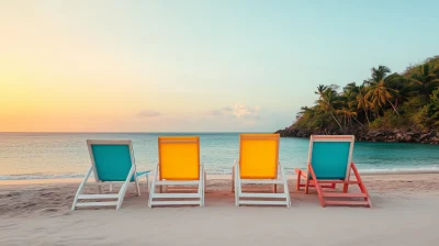 Sunset Beach Scene with Empty and Occupied Sun Loungers