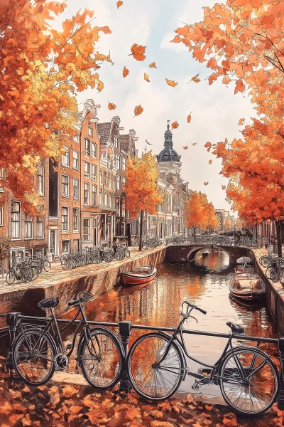 Autumn in Amsterdam Watercolor Painting