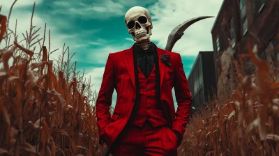 Skeleton in Red Suit in Cornfield