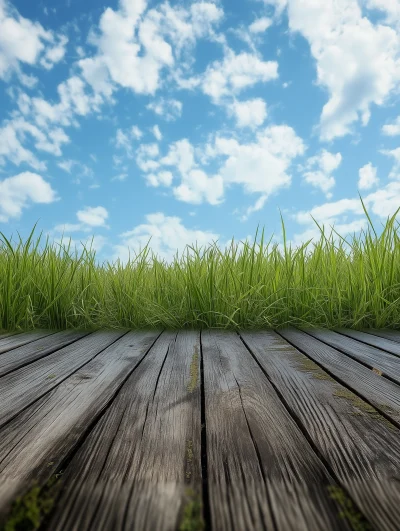 Green grass bordering a wooden deck