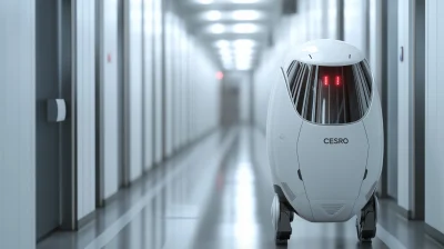 Friendly AI Robot CESRO Walking in High Tech Hallway