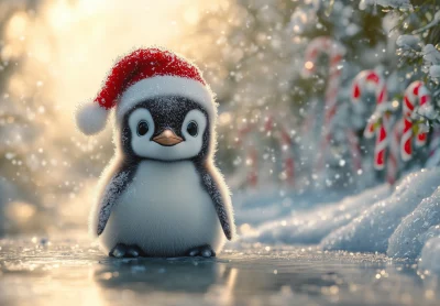 Baby Penguin Wearing Santa Hat by a Frozen Pond