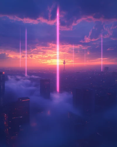 Berlin Skyline in Fog with Colorful Vertical Laser Beams