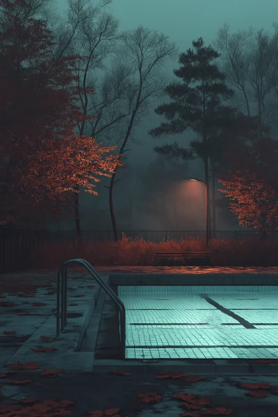 Abandoned Vintage Outdoor Swimming Pool at Night