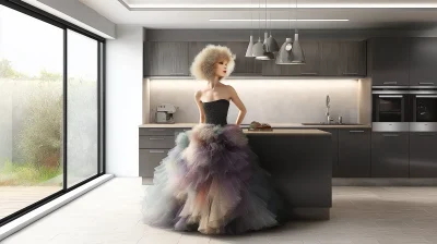 Elegant Woman in Black Dress in Modern Kitchen