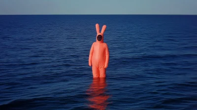 Creepy Pink Bunny Costume in the Sea