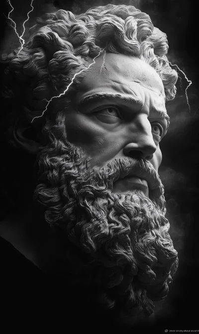 Realistic Zeus Statue Portrait with Lightning