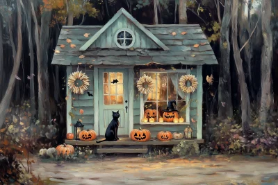 Cozy Cottage in Woods Oil Painting