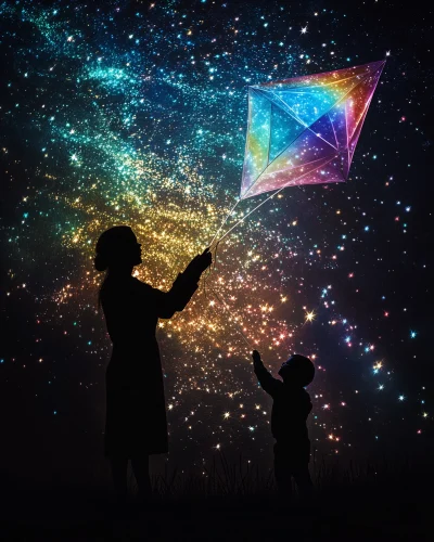 Neon Gradient Art of Rainbow Baby Giving Kite Stars to Mother