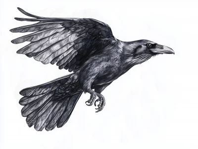 Raven in Flight on a White Background