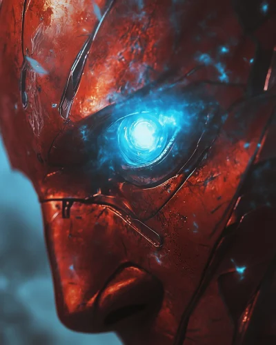 Ironman Close-up with Glowing Blue Eye in Storm