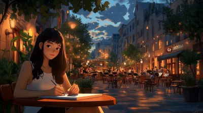 Young Woman Writing at a Cafe Square Illustration