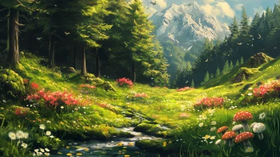 Nature Landscape with Trees, Dandelions, Mushrooms, and Algae Plants