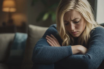 Sad blonde woman on the couch