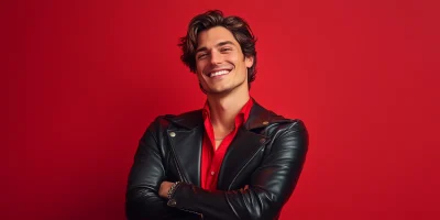 Smiling Man in Leather Suit