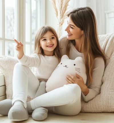 Mother-daughter bonding with a cat