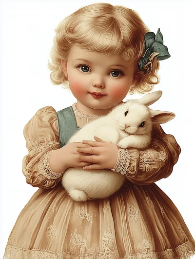 Victorian Toddler Girl with Rabbit Illustration