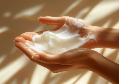 Hands applying hand cream with sensitive beige background