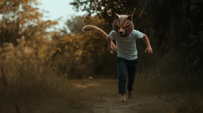 Child in Animal Mask Running on Hands and Feet