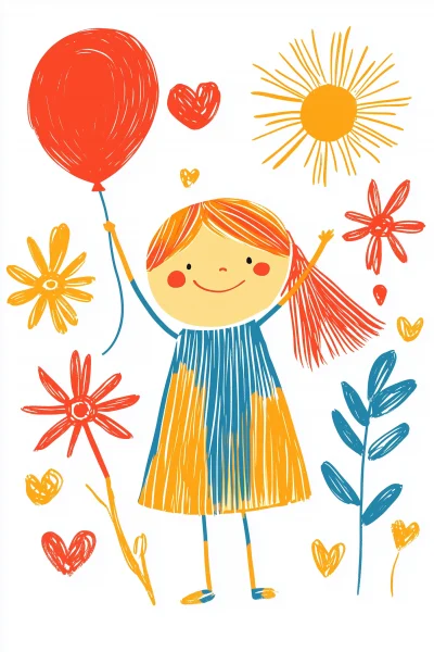 Bright and Colorful Little Girl with Red Balloon