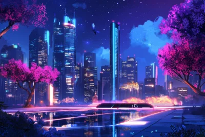 Futuristic City Park at Night