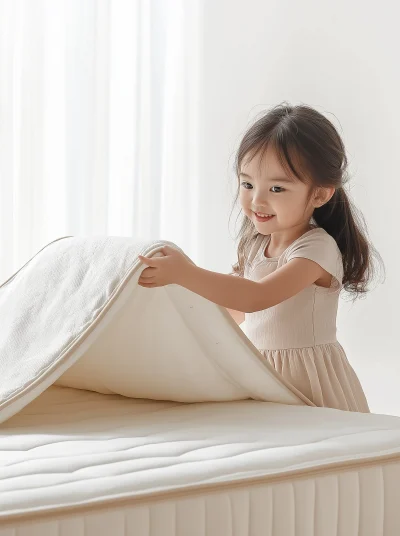 Playful Little Girl with Mattress Cover