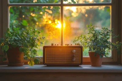 Cozy Sunset Living Room with Vintage Radio