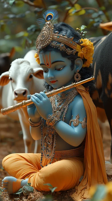 Lord Krishna Playing Flute in Mathura Village