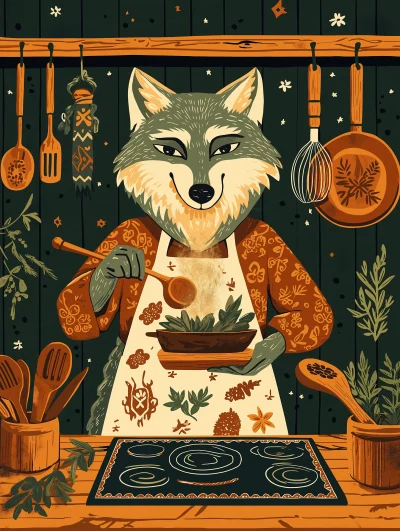 Folk Art Style 2D Wolf Cooking