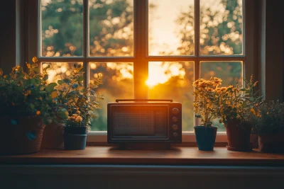 Cozy Sunset Living Room with Vintage Radio