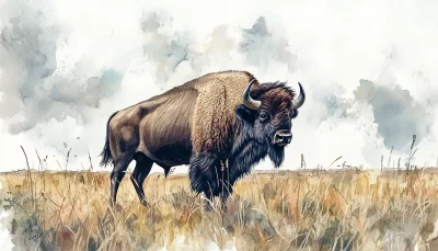 Isolated Bison in Meadow Watercolor Painting