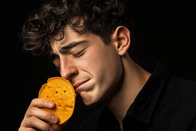 Young man crying with a Dorito in hand