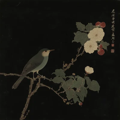 Traditional Chinese Painting of a Bird and Flower in Qing Dynasty Style