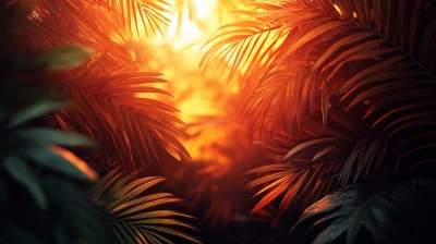 Dramatic Sunset with Palm Leaves