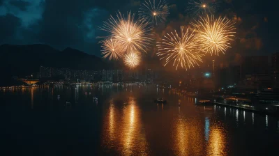 City Skyline at Night with Fireworks