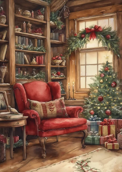 Vintage Cozy Study with Christmas Decorations