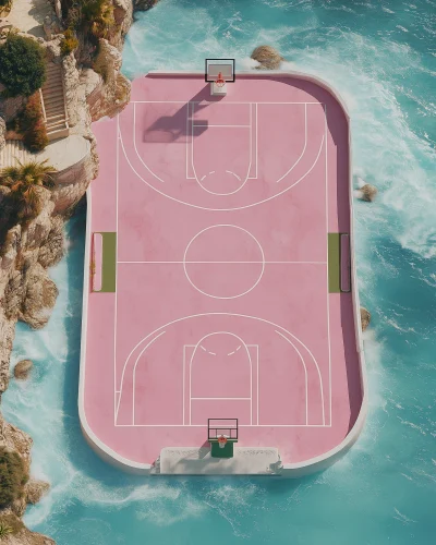 Surreal Pink Basketball Court in the Sea